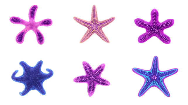 Vivid Neon Starfish Set - Isolated on Transparent Background, High Detail. PNG.