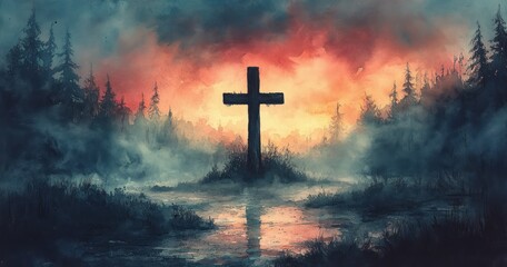 Fototapeta premium Dramatic Watercolor Cross Painting with Dark Colors and Pastel Backgrounds for Spiritual Inspiration