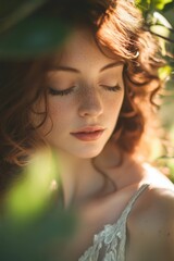 Naklejka premium Portrait of a young woman with curly red hair in a sunlit garden during the golden hour