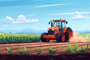 Obraz premium Tractor plowing fields rural farmland illustration vibrant landscape aerial view agricultural concept