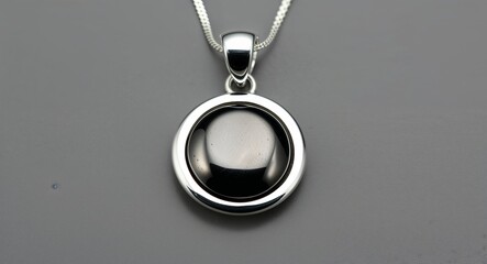 A hematite and silver pendant its sleek design complementing a plain grey background