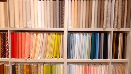 An array of colorful fabrics and materials displayed neatly on shelves ready for customization of modular furniture pieces reflecting a wide range of design choices.