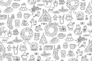 Christmas and happy new year doodle seamless pattern. Holiday repeat background with xmas decorations. Christmas texture for gift wrapping paper textile pattern, packaging fabric, vector illustration