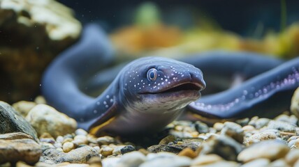 Fototapeta premium Close-up of gray eel resting on rocky substrate in freshwater habitat, showing vibrant eyes and speckled skin