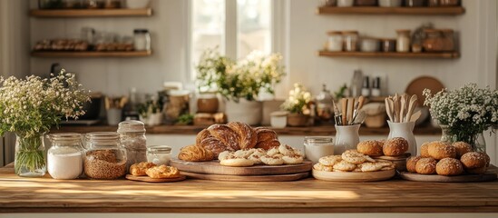 Fototapeta premium Freshly baked bread and pastries on a wooden counter in a kitchen with white shelves and a window behind.