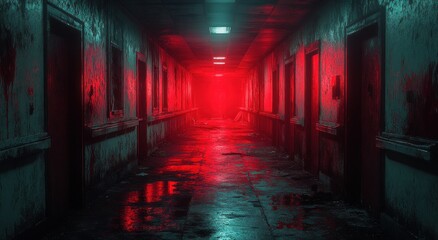 Dystopian Hospital Corridor with Zombies Abandoned Medical Equipment and Shadows