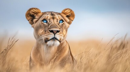 Fototapeta premium Lioness face with blue eyes. African wildlife predator, dangerous safari hunter