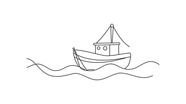 Fishing boat Continuous line draw Full length single line animation