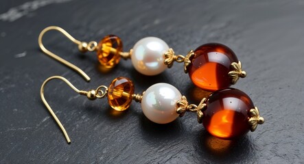Amber and pearl drop earrings in a vintage gold plated setting