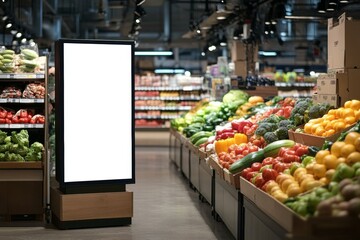 Fresh produce displayed in a grocery store with a blank advertisement board in the center aisle