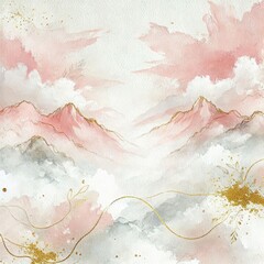 Fototapeta premium a dreamy background featuring soft pink and white watercolor textures. Incorporate delicate, mountain lines and gentle splashes of gold to evoke a sense of elegance and tranquility. ai