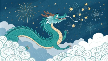 A majestic turquoise dragon weaves through fluffy white clouds trailing shimmering stardust in its wake. As it spirals down it grants bursts of luminous blessings that transform
