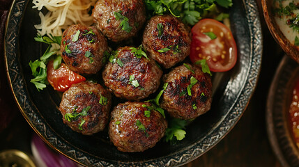 Savory meatball plate top view, authentic copy space gourmet turkish traditional, flavorful arabic fried dinner meal, delicious homemade culinary, roasted succulent appetizing.