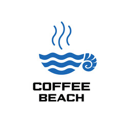 Coffee Beach Enjoy Logo Simple Creative. Coffee Cup + Wave Sea + Shell.