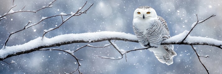Snowy owl perched on a snowy branch in winter.