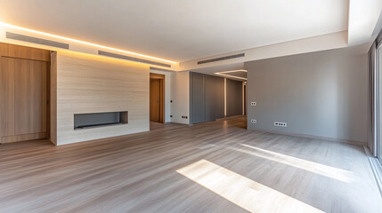 Obraz premium Transformed room interior renovation, renewed wall before after plaster, revitalized renovated clean modernization new, modern luxury property, empty refurbished restored.