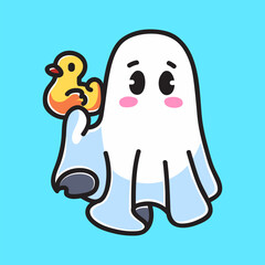 Cute Ghost With Duck Toy Vector Cartoon Illustration. Scary Icon Concept Isolated Premium Vector. Flat Cartoon Concept. Cute Doodle Cartoon Illustration Style. Suitable for Any Project