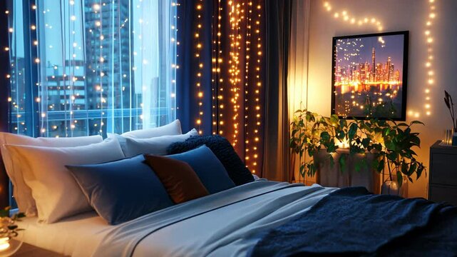 a modern condominium bedroom decorated with string lights 