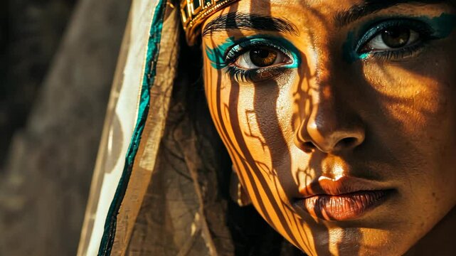 woman wearing ancient Egyptian attire at historical site with hieroglyphic on wall