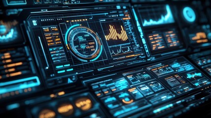 Obraz premium Futuristic digital dashboard displays graphs, charts, and data analytics on multiple screens.