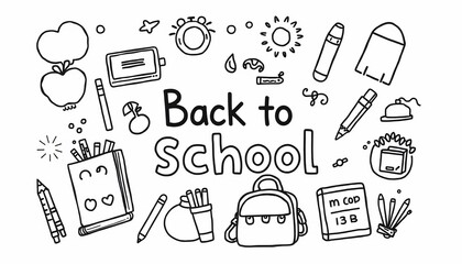 Back to school doodle illustration with stationery, backpack, and apples.