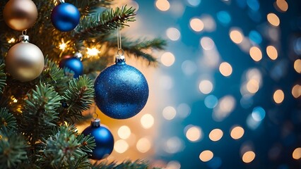 Background illustration of a garland of Christmas lights and blue Christmas balls produced by AI
