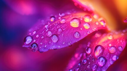 Close-up of vibrant flower petals with dew drops, illuminated with colorful lighting.