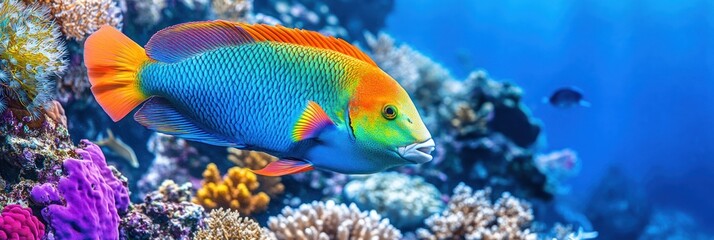 Colorful fish swimming among vibrant coral reefs.