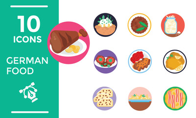 Set Icons German Food Restaurant with Collection of Delicious Cuisine Traditional and Drinks in Flat Cartoon Hand Drawn Templates Illustration