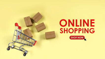 bulk parcel boxes and shopping cart with online shopping text. sales, offer, online shopping...