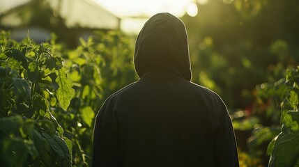Person in a hoodie standing in a garden at sunset.