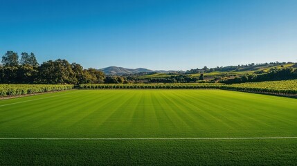 Lush Green Field with Vineyard Background