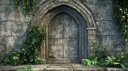 Overgrown stone archway with ancient wooden door.