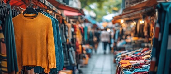 Naklejka premium A bustling street market with clothing for sale, showcasing a vibrant yellow sweater in the foreground.