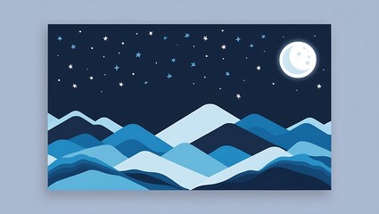 Naklejka premium Minimalist night landscape: crescent moon, starry sky, and overlapping blue mountain ranges, creating a serene and tranquil moonlit scene with cool tones.