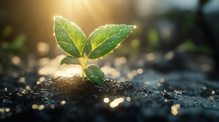 Sunlit sprout in fresh morning dew.