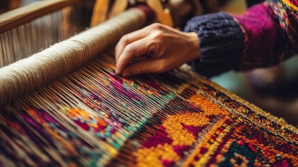 A close-up of a hand weaving colorful threads on a loom, showcasing traditional craftsmanship.