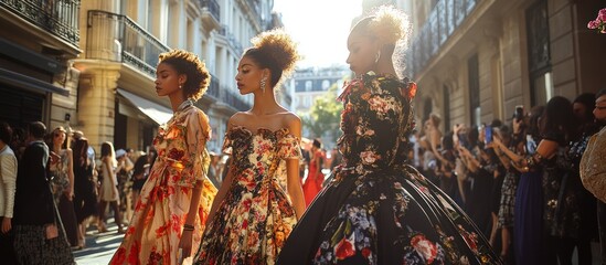 Fototapeta premium Three fashion models in floral dresses walk down a street in Paris, France.