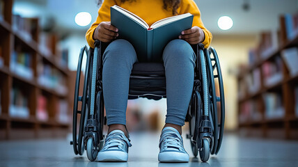 Happy young disabled mixed race school student in wheelchair reading a library book. African american child with disability learning. Inclusive & diverse education

