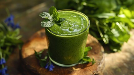 Refreshing green smoothie in glass, garnished with mint, on wooden board.