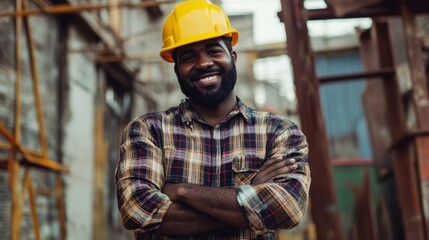 Skilled construction worker smiling confidently at a work site during daylight hours