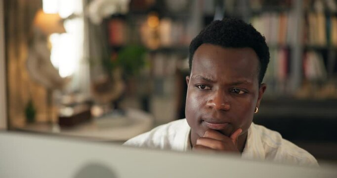 Home, black man and thinking with computer for education, thesis research and solution for assessment. House, student distance learning with digital for college essay, studying and planning for test