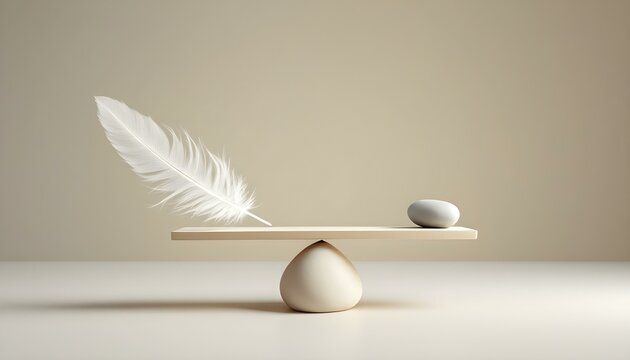 Fototapeta A minimal set of scales balanced with a feather on one side and a small stone on the other, set against a soft neutral gradient background, symbolizing harmony and balance.