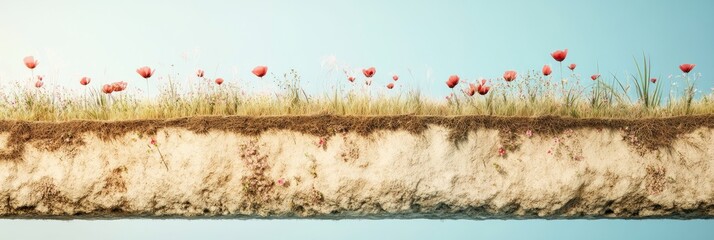 A cross-section of soil with flowers above.