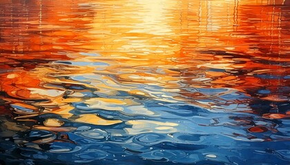 Abstract depiction of water reflections with vibrant orange, yellow, and blue hues, resembling a serene sunset over rippling waves.