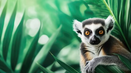 Fototapeta premium Lemur sitting in lush jungle, surrounded by green leaves