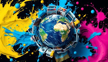 Obraz premium Colorful paint splashes surround globe with photos.