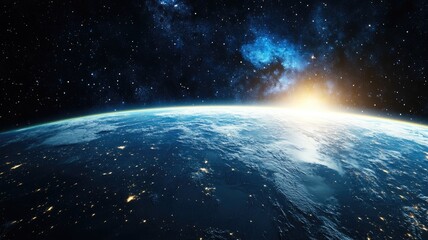 Fototapeta premium Sunrise over Earth as seen from space Stars and atmosphere visible