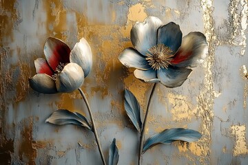 Elegant Metallic Flowers with Textured Gray and Gold Background