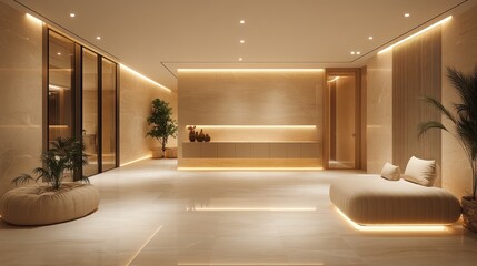 Luxurious minimalist hotel lobby with warm lighting, beige walls, and sleek furniture.